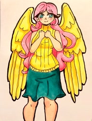 Size: 2922x3853 | Tagged: safe, artist:mylittleyuri, imported from derpibooru, fluttershy, human, blushing, clothes, female, humanized, skirt, sleeveless, sleeveless sweater, solo, sweater, sweatershy, traditional art, winged humanization, wings