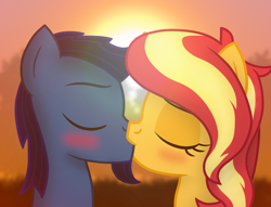 Size: 1880x1440 | Tagged: safe, artist:angryprogrockbrony, derpibooru exclusive, imported from derpibooru, sunset shimmer, oc, oc:starless, earth pony, unicorn, blushing, canon x oc, earth pony oc, female, kiss on the lips, kissing, male, mare, shipping, stallion, straight, sunset