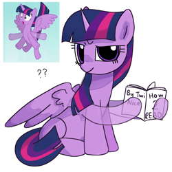 Size: 2048x2048 | Tagged: safe, artist:omelettepony, edited screencap, twilight sparkle, alicorn, pony, princess twilight sparkle (episode), book, female, gasp, hoof hold, how to read, looking at you, mare, missing cutie mark, open mouth, question mark, simple background, sitting, solo, spread wings, twilight sparkle (alicorn), white background, wings