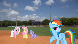 Size: 2048x1152 | Tagged: safe, artist:cheezedoodle96, artist:dashiesparkle, artist:jhayarr23, edit, imported from derpibooru, clear sky, fluttershy, rainbow dash, wind sprint, pegasus, pony, unicorn, baseball, bradenton, female, filly, florida, foal, group, irl, mare, neckerchief, photo, ponies in real life, sports, stadium