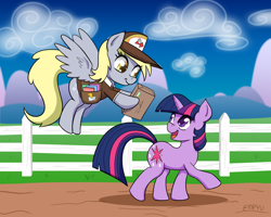Size: 1200x960 | Tagged: safe, artist:empyu, edit, imported from twibooru, derpy hooves, twilight sparkle, pegasus, pony, unicorn, bag, cloud, delivery, delivery pony, fence, hat, image, looking at each other, looking at someone, looking back, mailbag, mailmare, open mouth, png, unicorn twilight, wingless, wingless edit