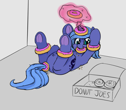 Size: 4912x4301 | Tagged: safe, artist:firenhooves, imported from twibooru, princess luna, pony, cute, donut, eating, featureless crotch, female, filly, food, frog (hoof), hooves, image, levitation, lunabetes, lying down, magic, on back, patreon exclusive, paywall content, png, silly, silly pony, telekinesis, underhoof, woona, younger