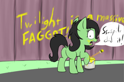 Size: 830x548 | Tagged: safe, artist:firenhooves, imported from twibooru, oc, oc only, oc:filly anon, earth pony, pony, dialogue, dock, female, filly, foal, graffiti, image, paint, paint bucket, paintbrush, patreon exclusive, paywall content, png, solo
