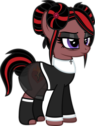 Size: 899x1192 | Tagged: safe, alternate version, artist:lightningbolt, derpibooru exclusive, imported from derpibooru, oc, oc only, oc:victoria anchorite, earth pony, pony, .svg available, bags under eyes, bun, clothes, cross, cross necklace, ear piercing, earring, eyeshadow, feather, female, jewelry, lidded eyes, makeup, mare, necklace, nun, nun outfit, piercing, skirt, socks, solo, standing, svg, vector