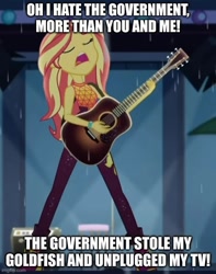 Size: 500x633 | Tagged: safe, edit, edited screencap, imported from derpibooru, screencap, sunset shimmer, human, equestria girls, equestria girls series, let it rain, spoiler:eqg series (season 2), animaniacs, caption, cropped, guitar, image macro, musical instrument, open mouth, solo, text