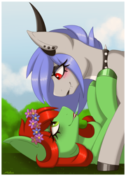 Size: 1802x2500 | Tagged: safe, artist:melodytheartpony, imported from derpibooru, oc, oc only, oc:melody silver, dracony, dragon, hybrid, pegasus, 2023, asexual, beauty mark, blushing, bush, cloud, cloudy sky, collar, couple, cuddling, demisexual, ear piercing, eyeshadow, female, feral, flower, flower in hair, grass, in love, lgbt, lgbtq couple, lipstick, makeup, oc x oc, piercing, shipping, signature, smiling, staring lovingly