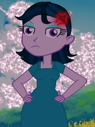 Size: 768x1024 | Tagged: safe, artist:rainbowstarcolour262, imported from derpibooru, zephyr, human, equestria girls, angry, background human, clothes, cross-popping veins, dress, emanata, eyeshadow, female, frown, hand on hip, looking at you, makeup, purple eyes, solo, sparkles