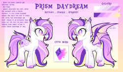 Size: 3160x1842 | Tagged: safe, artist:lavender-bases, artist:ouijaa, imported from derpibooru, oc, oc only, oc:prism daydream, bat pony, base used, cutie mark, fangs, female, gemstones, reference sheet, transluscent wings, transparent wings, wings