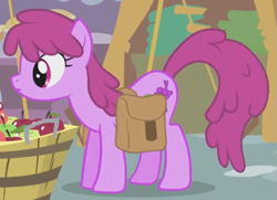 Size: 583x423 | Tagged: safe, imported from derpibooru, screencap, berry punch, berryshine, earth pony, pony, call of the cutie, season 1, apple, background pony, bag, berrybetes, cropped, cute, female, food, implied apple bloom, looking at someone, mare, saddle bag, solo, solo focus