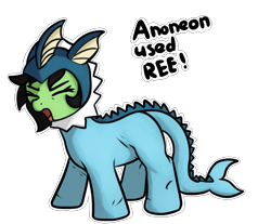 Size: 901x747 | Tagged: safe, artist:neuro, imported from derpibooru, oc, oc only, oc:filly anon, earth pony, pony, vaporeon, animal costume, clothes, costume, earth pony oc, eyes closed, female, filly, open mouth, pokémon, pokémon costume, reeee, simple background, solo, text, transparent background