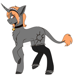 Size: 3786x3880 | Tagged: safe, artist:tuzz-arts, imported from derpibooru, oc, oc only, oc:sunscorch, pony, unicorn, bell, bell collar, clothes, collar, femboy, hairband, horn, leonine tail, male, simple background, solo, stockings, tail, thigh highs, transparent background, unicorn oc