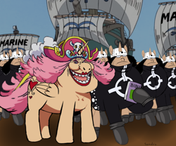 Size: 1000x833 | Tagged: safe, artist:samueldavillo, imported from derpibooru, alicorn, cyborg, pony, robot, robot pony, unicorn, abomination, bartholomew kuma, bible, charlotte linlin, clone, crossover, looking at you, marine, nightmare fuel, one piece, pacifista, ponified, rule 85, ship, smiling, smiling at you, ugly