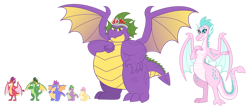 Size: 1280x543 | Tagged: safe, artist:aleximusprime, imported from derpibooru, spike, oc, oc:barb the dragon, oc:buttercream the dragon, oc:king smite, oc:queen chara, oc:scorch the dragon, oc:singe the dragon, dragon, fanfic:go north young dragon, flurry heart's story, breasts, crown, dragon oc, dragoness, fangs, fat, fat spike, female, fist, hand on chest, hand on hip, jewelry, lizard breasts, male, non-pony oc, older, older spike, regalia, simple background, size chart, size comparison, spike's family, spike's father, spike's mother, spikes, spread wings, transparent background, wide hips, wings