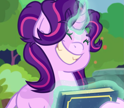 Size: 675x587 | Tagged: safe, artist:thatonefluffs, edit, edited screencap, imported from derpibooru, screencap, starlight glimmer, pony, unicorn, big grin, glowing, glowing horn, grin, horn, magic, magic aura, redraw, scene interpretation, smiling, solo, telekinesis