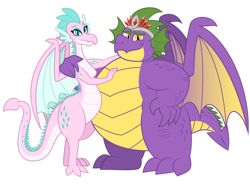 Size: 1600x1216 | Tagged: safe, artist:aleximusprime, imported from derpibooru, oc, oc only, oc:king smite, oc:queen chara, dragon, fanfic:go north young dragon, flurry heart's story, child bearing hips, crown, dragon oc, dragoness, duo, duo male and female, fangs, fat, female, hand on hip, hug, husband and wife, jewelry, looking at you, male, non-pony oc, oc x oc, regalia, shipping, simple background, smiling, spike's family, spike's father, spike's mother, straight, transparent background, wide hips