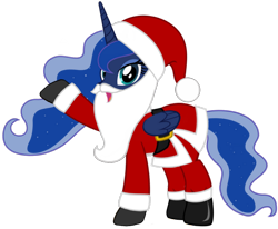 Size: 1024x845 | Tagged: artist needed, safe, imported from derpibooru, princess luna, alicorn, pony, belt, boots, christmas, clothes, costume, fake beard, female, hat, holiday, horn, looking at you, mare, open mouth, raised hoof, santa beard, santa claus, santa costume, santa hat, shoes, simple background, solo, transparent background, vector, wings