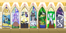 Size: 1585x800 | Tagged: safe, artist:mr100dragon100, imported from derpibooru, undead, vampire, wolf, wolf pony, description is relevant, hallway, immortal, mummy, spirit, stained glass, swamp pony, window, witch
