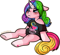 Size: 1748x1625 | Tagged: safe, artist:sexygoatgod, imported from derpibooru, oc, oc only, oc:rainy shine, pony, unicorn, baggy t-shirt, clothes, darling, female, not rarity (g3), shirt, simple background, sitting, solo, t-shirt, transparent background