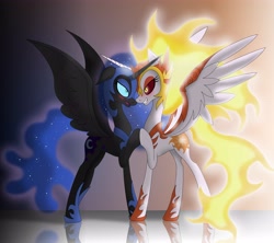 Size: 4630x4110 | Tagged: dead source, safe, artist:omnisimon11, imported from derpibooru, daybreaker, nightmare moon, alicorn, pony, absurd resolution, armor, blushing, concave belly, duo, duo female, evil princest, eye contact, female, frown, helmet, holding hooves, hoof shoes, incest, lesbian, lidded eyes, long neck, looking at each other, looking at someone, mare, open mouth, peytral, princess shoes, raised leg, reflection, shipping, slim, spread wings, thin, wing armor, wings