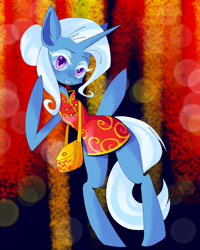 Size: 1080x1350 | Tagged: safe, artist:meyco, derpibooru exclusive, imported from derpibooru, trixie, semi-anthro, unicorn, bokeh, cheongsam, chinese new year, clothes, dress, female, hair bun, looking at you, mare