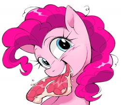 Size: 1398x1220 | Tagged: safe, artist:honkinghighblood, imported from derpibooru, pinkie pie, earth pony, pony, bust, cute, food, looking at you, meat, ponies eating meat, simple background, solo, steak, white background