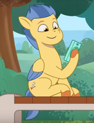 Size: 444x578 | Tagged: safe, imported from derpibooru, screencap, pegasus, pony, spoiler:g5, spoiler:my little pony: tell your tale, spoiler:tyts01e44, bench, cellphone, cropped, folded wings, g5, hoof hold, lemon gear, looking at phone, male, my little pony: tell your tale, not flash sentry, outdoors, phone, secret ad-mare-er, sitting, smiling, solo, stallion, tree, wings