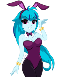 Size: 1112x1442 | Tagged: safe, alternate version, artist:rosemile mulberry, imported from derpibooru, sonata dusk, human, equestria girls, bare shoulders, bowtie, bracelet, breasts, bunny ears, bunny suit, busty sonata dusk, cleavage, clothes, female, jewelry, legs together, simple background, sleeveless, solo, strapless, white background