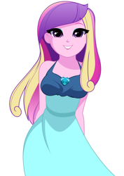 Size: 1036x1462 | Tagged: safe, artist:rosemile mulberry, imported from derpibooru, princess cadance, human, equestria girls, bare shoulders, clothes, cute, cutedance, dean cadance, dress, female, grin, simple background, sleeveless, smiling, solo, updated design, white background