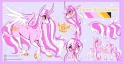 Size: 1746x900 | Tagged: safe, artist:liechisenshi, imported from derpibooru, oc, oc only, oc:luxxe von karma, alicorn, pony, alicorn oc, cutie mark, female, horn, mare, reference sheet, solo, unshorn fetlocks, wings