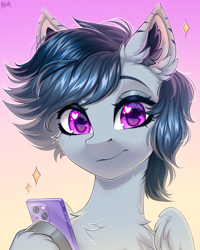 Size: 2000x2500 | Tagged: safe, artist:hakaina, imported from derpibooru, oc, oc only, pegasus, pony, abstract background, bust, cellphone, chest fluff, colored, colored ear fluff, ear fluff, ear markings, eyelashes, eyeshadow, fluffy, gray coat, heart, heart eyes, high res, hoof hold, looking at you, magenta eyes, makeup, neck fluff, partially open wings, pegasus oc, phone, shading, signature, smartphone, solo, wing fluff, wingding eyes, wings