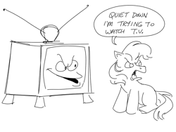 Size: 984x740 | Tagged: safe, artist:mellodillo, imported from derpibooru, earth pony, pony, angry, black and white, dialogue, female, g1, grayscale, mare, monochrome, simple background, sitting, sketch, solo, speech bubble, television, white background