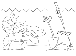 Size: 992x731 | Tagged: safe, artist:mellodillo, imported from derpibooru, posey, earth pony, pony, animate object, black and white, chase, female, g1, grayscale, mare, monochrome, open mouth, rake, running, screaming, shovel, simple background, white background, windswept mane