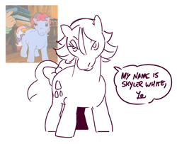 Size: 855x695 | Tagged: safe, artist:kylesmeallie, imported from derpibooru, screencap, sweet stuff, earth pony, pony, breaking bad, female, g1, mare, screencap reference, simple background, skyler white, solo, speech bubble, talking to viewer, white background