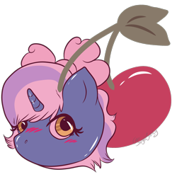 Size: 2160x2160 | Tagged: safe, alternate version, artist:singlesanity, imported from derpibooru, oc, oc only, oc:fleurbelle, alicorn, pony, alicorn oc, blushing, bow, cherry, female, food, hair bow, horn, mare, pink background, simple background, solo, transparent background, wings, yellow eyes