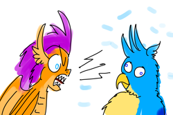 Size: 2400x1600 | Tagged: safe, artist:horsesplease, imported from derpibooru, gallus, smolder, dragon, griffon, angry, derp, fluffy, gallus the rooster, gallusposting, screaming, shut up, yelling