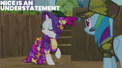 Size: 2000x1125 | Tagged: safe, edit, edited screencap, editor:quoterific, imported from derpibooru, screencap, rainbow dash, rarity, pegasus, pony, unicorn, dragon quest, blue eyeshadow, camouflage, clothes, dress, duo, duo female, eyes closed, eyeshadow, fancy, female, frown, grin, hat, horn, makeup, mare, smiling, wings