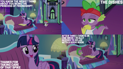 Size: 2000x1125 | Tagged: safe, edit, edited screencap, editor:quoterific, imported from derpibooru, screencap, spike, twilight sparkle, alicorn, dragon, pony, amending fences, book, clothes, couch, duo, gloves, rubber gloves, twilight sparkle (alicorn), twilight's castle