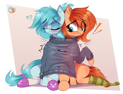 Size: 4428x3401 | Tagged: safe, artist:nevobaster, imported from derpibooru, oc, oc only, oc:rusty gears, oc:whispy slippers, pony, abstract background, clothes, cute, duo, eyes closed, glasses, ripping, scarf, shared clothing, sitting, slippers, smiling, sock, socks, striped scarf, striped socks, sweater, torn clothes, worried