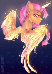 Size: 2480x3507 | Tagged: safe, artist:tokokami, imported from derpibooru, sunny starscout, alicorn, pony, abstract background, alicornified, alternate design, beautiful, braid, braided ponytail, bust, g5, glowing, glowing wings, looking at you, looking back, looking back at you, partially open wings, ponytail, portrait, princess sunny starscout, race swap, scrunchie, signature, solo, spread wings, sternocleidomastoid, sunnycorn, turned head, wings