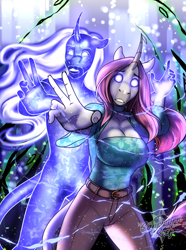 Size: 2880x3870 | Tagged: safe, artist:blackblood-queen, imported from derpibooru, oc, oc only, oc:rosie quartz, anthro, unguligrade anthro, unicorn, anthro oc, breasts, cleavage, crystal magic, crystallized, curved horn, female, glowing, glowing eyes, horn, leonine tail, mare, solo, story in the source, tail, unicorn oc