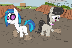 Size: 2400x1600 | Tagged: safe, artist:amateur-draw, imported from derpibooru, dj pon-3, octavia melody, vinyl scratch, earth pony, pony, unicorn, bow, duo, duo female, female, glasses, mare, mud, muddy, muddy hooves, quicksand, text, wet and messy