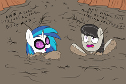 Size: 2400x1600 | Tagged: safe, artist:amateur-draw, imported from derpibooru, dj pon-3, octavia melody, vinyl scratch, earth pony, pony, unicorn, bow, duo, duo female, female, glasses, mare, mud, mud bath, mud pony, muddy, panic, peril, quicksand, sinking, wet and messy