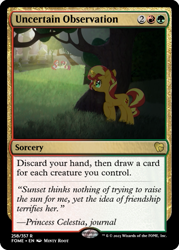 Size: 375x523 | Tagged: safe, artist:minty root, edit, imported from derpibooru, moondancer, sunset shimmer, unicorn, the fall of sunset shimmer: animated film, ccg, magic the gathering, self paradox, self ponidox, trading card, trading card edit