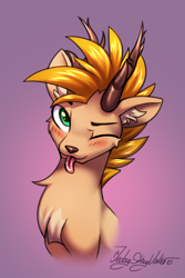 Size: 2000x3000 | Tagged: safe, artist:jedayskayvoker, imported from derpibooru, oc, oc:laurits rutger, deer, :p, blushing, bust, chest fluff, colored, colored sketch, cute, deer oc, ear fluff, full color, gradient background, horns, icon, looking at you, male, non-pony oc, portrait, sketch, solo, stallion, tongue out