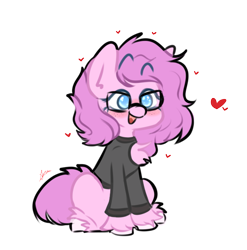 Size: 3319x3358 | Tagged: artist needed, safe, imported from derpibooru, oc, oc only, oc:materlia harvest, earth pony, pony, blushing, chest fluff, chibi, clothes, earth pony oc, female, floating heart, glasses, happy, heart, mare, pink hair, simple background, solo, sweater, transparent background, unshorn fetlocks