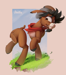 Size: 3607x4080 | Tagged: safe, artist:uliovka, imported from derpibooru, oc, oc only, unnamed oc, donkey, beige background, cliff, commission, disassembly fetish, donkey oc, eyebrows, fetish, half, high res, male, modular, signature, simple background, solo, stallion, tail