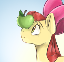 Size: 1017x979 | Tagged: safe, artist:smirk, imported from derpibooru, apple bloom, earth pony, pony, apple, apple bloom's bow, balancing, blue background, bow, bust, eyes on the prize, food, gradient background, hair bow, looking at something, ponies balancing stuff on their nose, prize on the eyes, solo