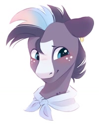 Size: 841x1051 | Tagged: safe, artist:melodylibris, imported from derpibooru, oc, oc only, pony, blaze (coat marking), blushing, bust, coat markings, ear piercing, earring, facial markings, freckles, jewelry, looking away, piercing, simple background, smiling, solo, white background