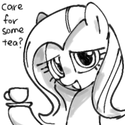 Size: 768x768 | Tagged: safe, artist:omelettepony, imported from derpibooru, fluttershy, pegasus, pony, cup, female, food, hoof hold, looking at you, mare, monochrome, offering, open mouth, open smile, simple background, smiling, solo, talking to viewer, tea, teacup, text