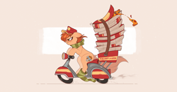 Size: 3808x1985 | Tagged: safe, artist:rexyseven, imported from derpibooru, oc, oc only, oc:rusty gears, earth pony, pony, cap, clothes, driving, earth pony oc, female, floppy ears, food, freckles, hat, mare, pizza, pizza box, pizza delivery, scarf, sitting, smiling, socks, solo, striped scarf, striped socks, vehicle, vespa